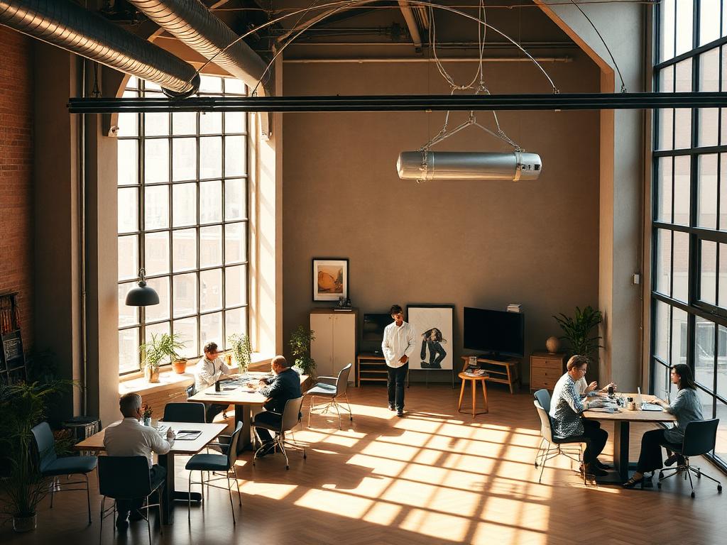 Loft space with warm light and people working