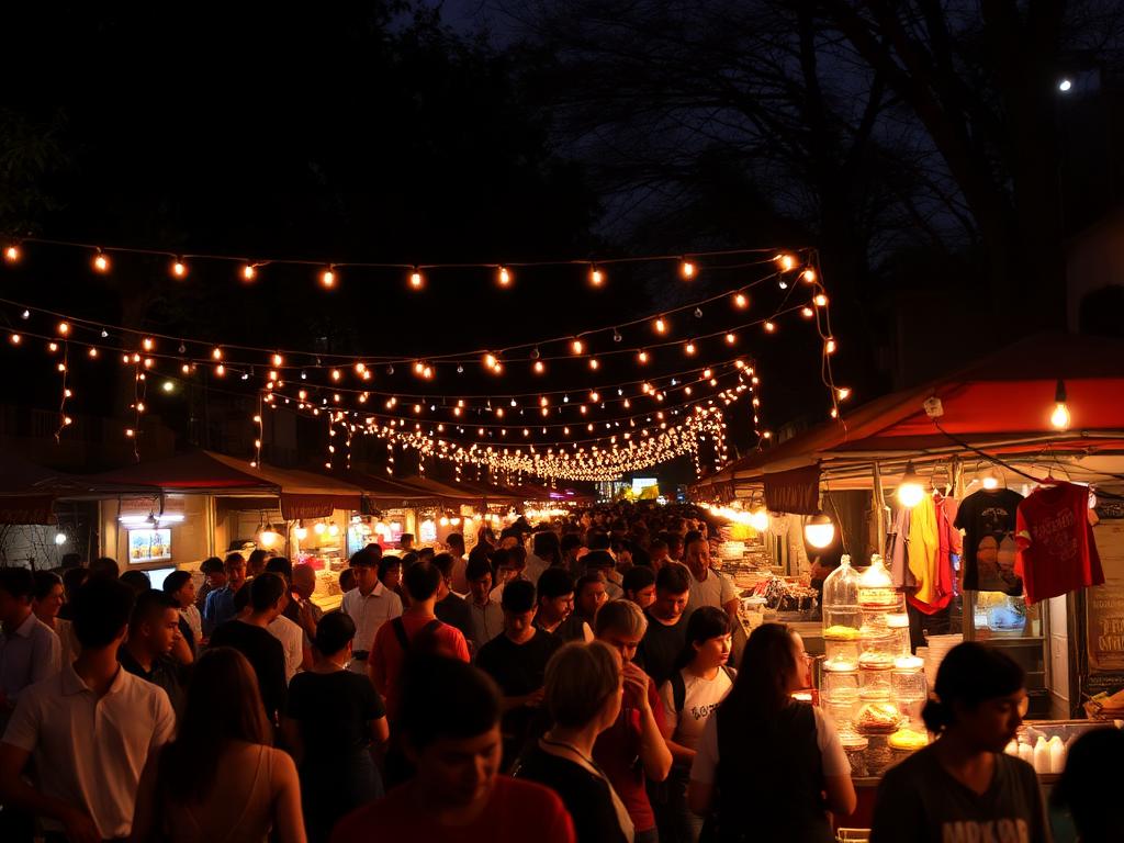 Outdoor night market with string lights