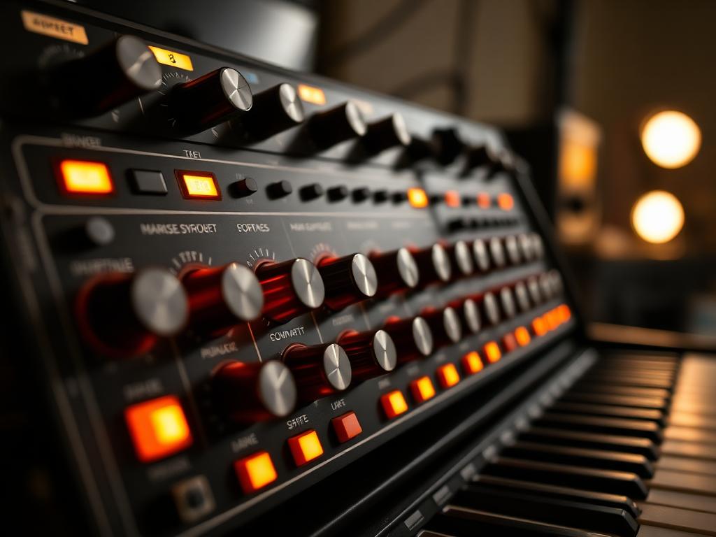 Close up of analog modular synthesizer