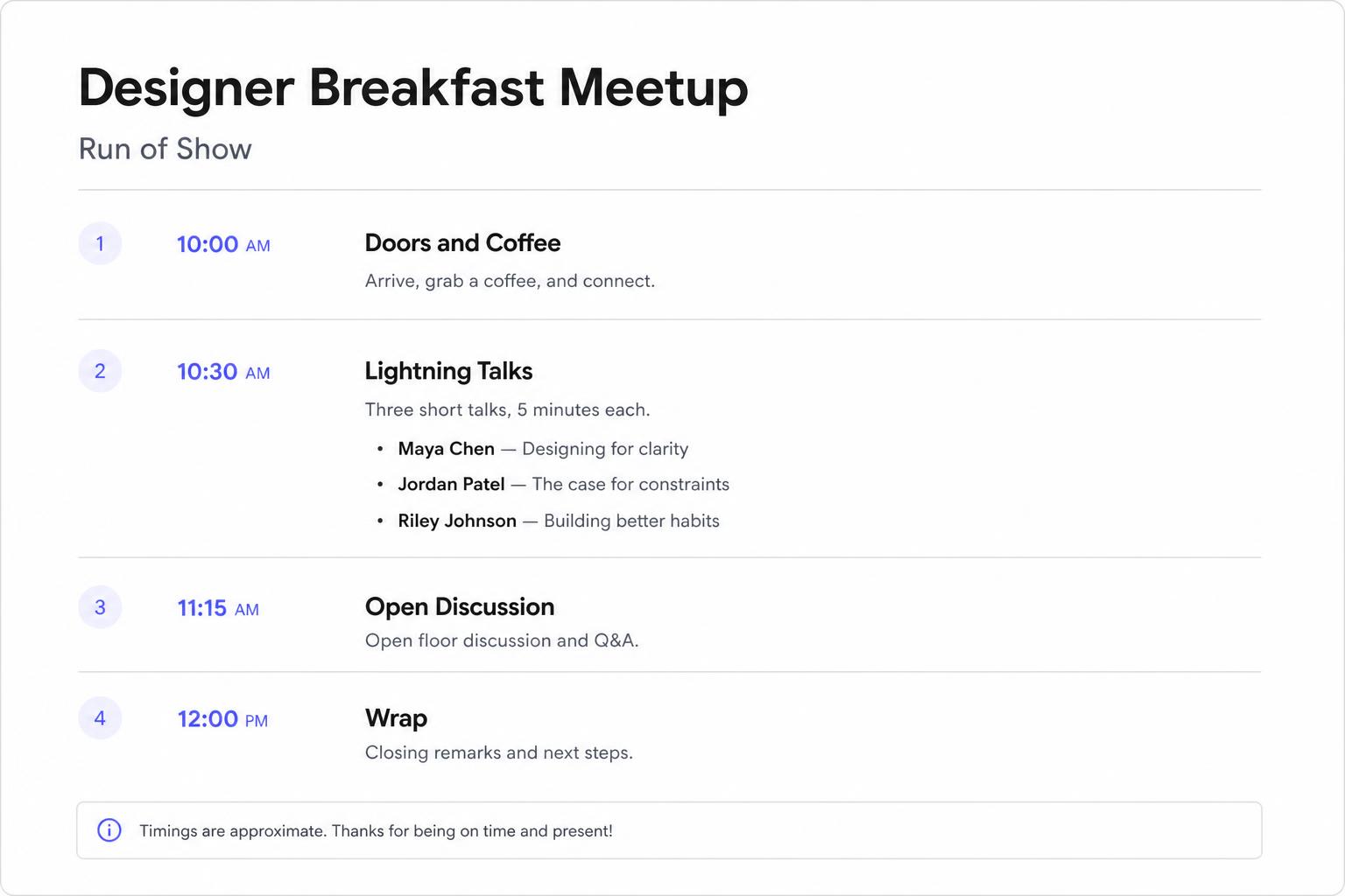 Run of show with lightning talk schedule