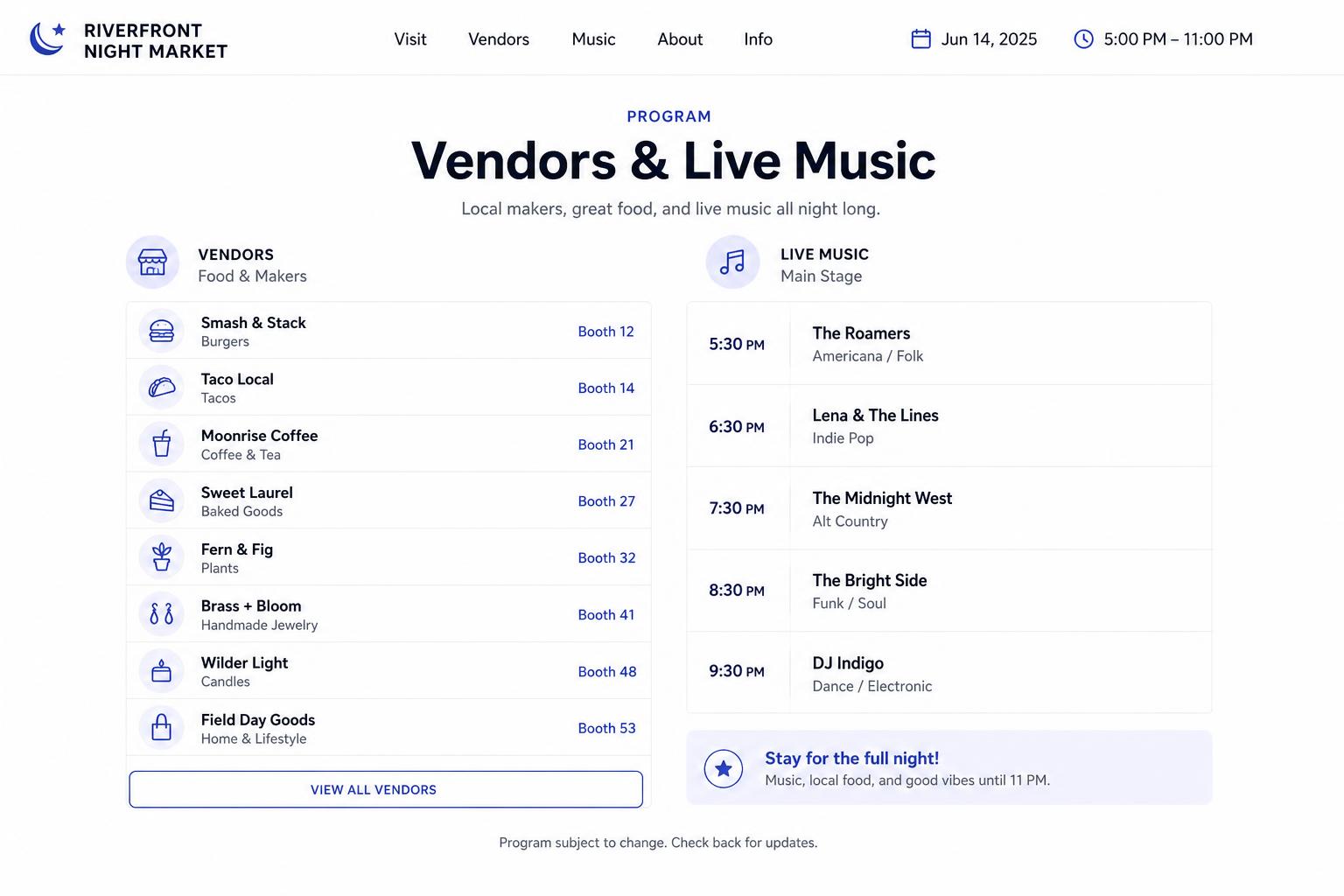 Night market vendor and live music program