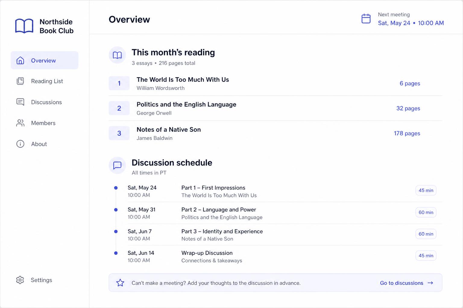 Reading list and discussion schedule